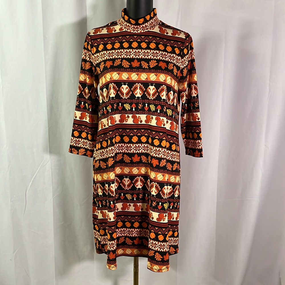 Celebrate Together Fall Print Mock Neck 3/4 Sleeve Dress